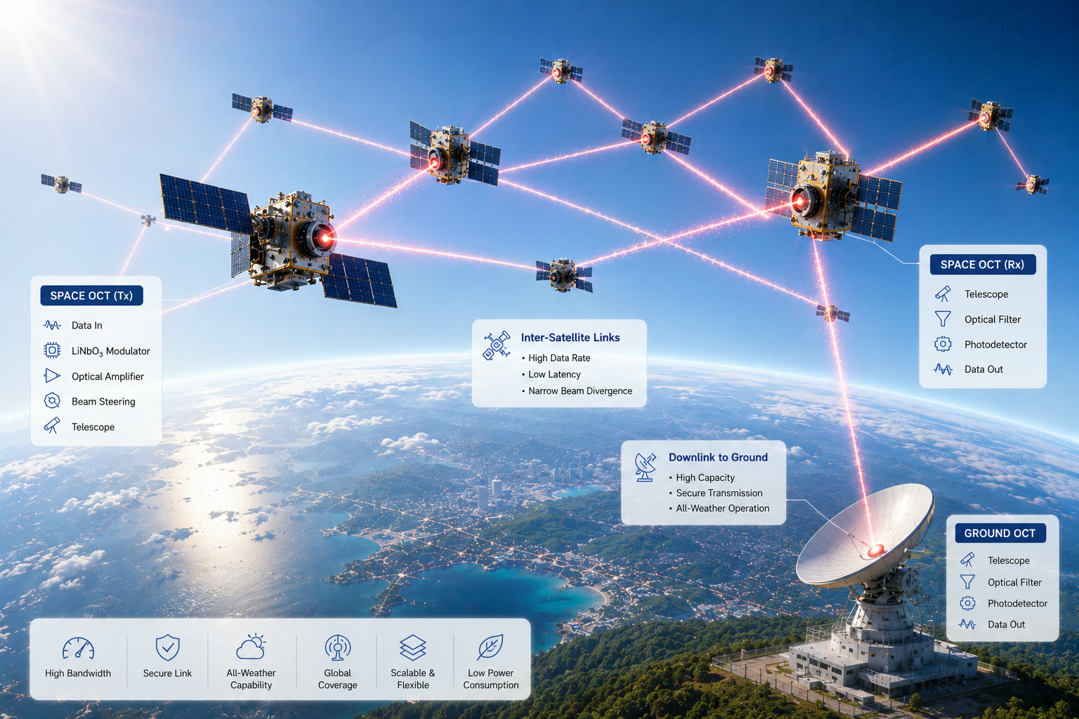 Optical inter-satellite and space-to-ground links